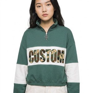 Sudadera Verde con Cierre de Cremallera para Mujer, Sudadera Personalizada con Apliques de Camuflaje, Manga Larga, Estilo Colorblock, Ropa Casual de Calle, Sudadera con Capucha para Invierno - Product Image 1