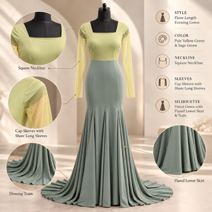 Vestido de noche formal color verde salvia amarillo, cuello cuadrado, manga corta, mangas largas transparentes |   Vestido entallado con vuelo y cola hasta el suelo - Product Image 5