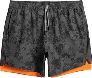 Men's 2-in-1 Stretch Eco-Friendly Front Workout <b>Shorts</b> 5" Gym Running <b>Compression</b> Liner Zip Pocket Breathable Casual Drawstring - Product Image 5