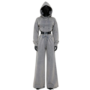 Conjunto Deportivo Casual de Otoño de Alta Calidad, Personalizado, con Lavado Ácido, Sudadera Corta con Capucha y Pantalones Jogger de Algodón y Felpa con Apliques Bordados para Mujer - Product Image 1