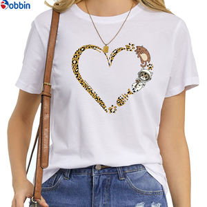 White <b>Top</b> For Girl's Breathable Summer Women's Valentine's Day Printed Casual Leopard Print Cute Cat Footprints <b>Heart</b> Graphic - Product Image 1