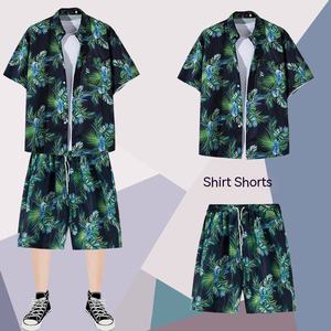 Ensemble de plage décontracté pour homme, vêtements d'été fins et amples, shorts à imprimé floral numérique, ensemble de plage hawaïen en polyester tricoté - Product Image 2
