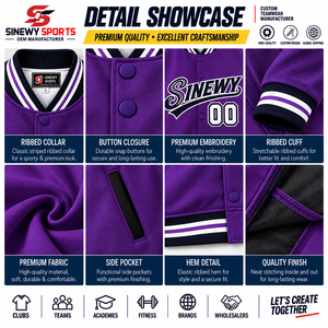 Custom Men's <b>Purple</b> <b>Varsity</b> <b>Jacket</b> With Name And Number Silk Screen Printed Front And Back Preppy Style Button Front Outerwear - Product Image 5