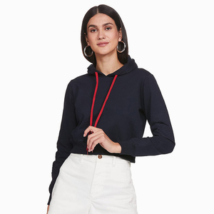 Stylish Customized Logo Printed Woven Front Adult Women's Full Sleeves Hooded Crop <b>Top</b> Breathable Knitted <b>Winter</b> - Product Image 1