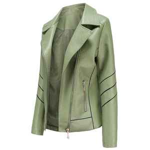 Green PU Leather Moto Jacket With Turn-<b>down</b> Collar Full Sleeve Zipper Closure Women's Autumn Style Outerwear New Coming Hot Sale - Product Image 2