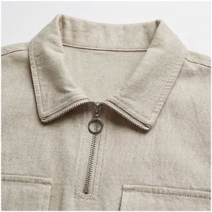 Ensemble pantalon cargo en coton beige 2 pièces pour femme avec col rabattu, manches longues, tenue décontractée de printemps, coupe régulière, couleur unie - Product Image 4