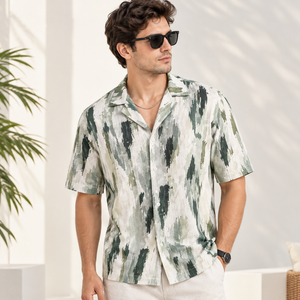 Camisa Moderna para Hombre con Cuello Camp Collar, 100% Algodón, Estampado Abstracto Flexible, Manga Corta, Estilo Casual de Playa, Corte Relajado, Moda de Verano para Vacaciones - Product Image 2