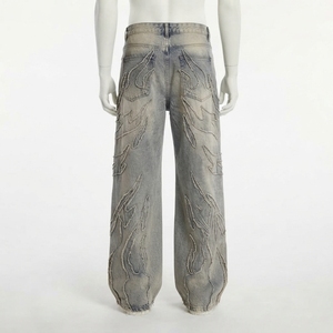 <b>Men's</b> High Waist <b>Wide</b> <b>Leg</b> Distressed Denim <b>Jeans</b> With Embroidery Loose Fit Streetwear Autumn Style - Product Image 2