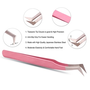 Pince à épiler japonaise en acier inoxydable en forme de L, à pointe en fibre pour volume, avec prise ferme, sans interstices, pointe rose, argentée, antistatique, pour extensions de cils - Product Image 2