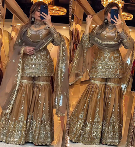 Ensemble prêt-à-porter brodé indien Sharara Gharara Kurti en soie, style pakistanais, pour toutes les occasions, vente en gros - Product Image 2