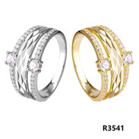 Faceted 925 Sterling Silver Zircon Band Ring with Two Pale Pink Round Stones and Clear Stone Edge Rows
