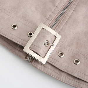 Women's Beige PU Leather Moto <b>Jacket</b> Full Sleeve Stand Collar Zipper Closure Belted Design Autumn Style - Product Image 5