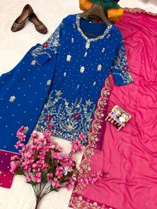 Ensemble Kurta brodé bleu pour femme avec pantalon Palazzo et Dupatta – Tenue de fête traditionnelle indienne et pakistanaise, coupe classique - Product Image 2