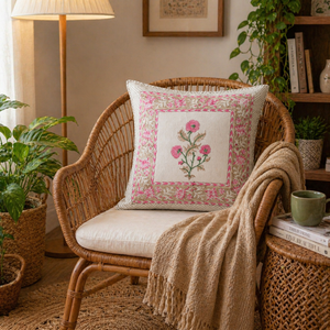 Hand <b>Block</b> Printed Cotton Cushion Cover Pink Floral Design Decorative Sofa Pillow Cover for Living Room Home Decor - Product Image 5