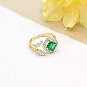 Anillo ajustable de esmeralda zambiana natural de corte cuadrado de 6.5 mm y diamantes, listo para enviar, con anillo de boda de oro amarillo fino de 18 quilates. - Product Image 6