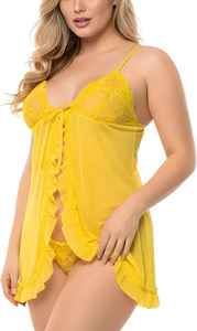 Ensemble de lingerie babydoll en dentelle transparente pour femme avec ourlet à volants et string assorti - Product Image 3