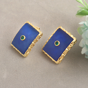 Chunky gemstone jewelry blue jade rectangle shape studs earring brass 18k <b>gold</b> plated texture collet <b>frame</b> stud pairs for women - Product Image 3