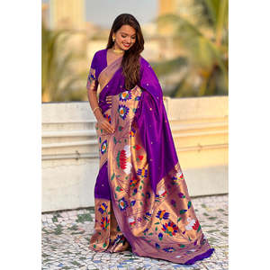 Elite Weaves <b>Purple</b> Paithani Silk <b>Saree</b> with Half-Half Concept Big Border Zari Woven Indian & Pakistani Clothing 700g - Product Image 1