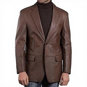 Chocolate Colored Canvas Calf Sheep <b>Leather</b> Mandarin Collar Zipper Closure Racer <b>Jacket</b> Waterproof Windproof Eco Friendly Front - Product Image 2