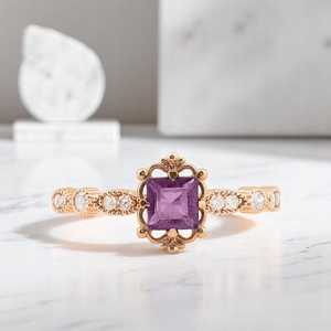 Anillo de Amatista con Corte Princesa Vintage, Certificado IGI, Plata de Ley 925, Chapado en Oro de 14K, Estilo Art Deco, Anillo de Boda con Piedra de Nacimiento - Product Image 6
