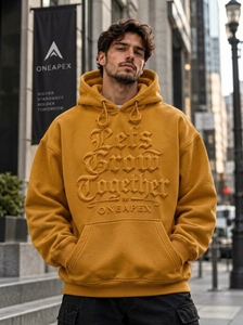 Sweat à capuche homme moutarde oversize gaufré streetwear avec logo frontal – Vente en gros - Product Image 3