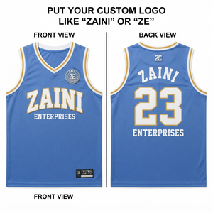 Men Basketball Jersey Premium Polyester <b>Mesh</b> 160 GSM <b>Blue</b> White Gold Trim Custom Tackle Twill Logo Sleeveless Team Sportswear - Product Image 1