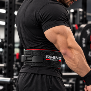 Ceinture de musculation RHINO FITNESS noire avec doublure rouge, soutien lombaire durable, en cuir blanc, réglable et enveloppante - Product Image 2