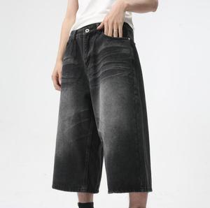 Men's Black Washed Denim Bermuda Shorts Mid Waist <b>Button</b> <b>Fly</b> Casual Style Solid Color Cotton Fabric Breathable Woven Material - Product Image 2