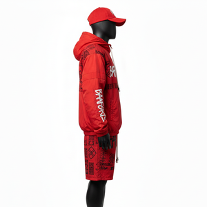 Conjunto corto de chaqueta cortavientos ligera de poliéster para hombre, tela transpirable, diseño de paneles rojo y negro, logotipo impreso personalizado, talla grande - Product Image 3