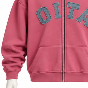 Rose Pink Mens <b>Zip</b> Front <b>Hoodie</b> Heavyweight Fleece Chenille Letter Applique Oversized Streetwear Sweatshirt with Kangaroo <b>Pocket</b> - Product Image 6