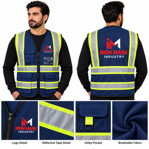 Chaleco de Seguridad Reflectante de Alta Visibilidad Iron Mark, Ropa de Trabajo Unisex con Bolsillos, Impresión de Logotipo, Tela de Algodón Transpirable, Certificado CE - Product Image 1