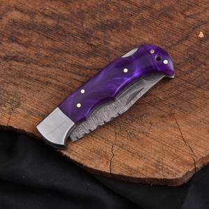 Couteau utilitaire pliant en acier Damas SHARP POINT TRADES, lame droite, ouverture par bouton de pouce, manche en bois, design artistique, OEM - Product Image 1