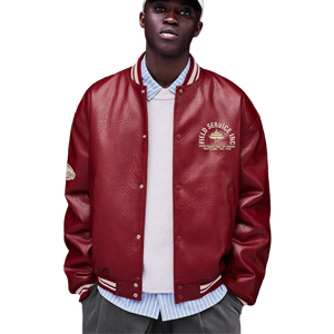 Men'<b>s</b> Red PU Varsity <b>Jacket</b> Preppy Style Embroidered Logo Turn-down Collar Regular Sleeve Autumn Wear leather cowhide chenille - Product Image 1