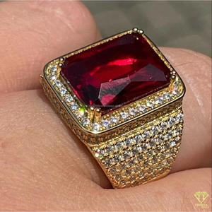 Moissanite Diamond Ruby Red <b>Emerald</b> Cut Signet <b>Ring</b> for <b>Men</b> in Yellow Gold Iced Out Luxury Hip Hop Statement Cocktail <b>Ring</b> - Product Image 6