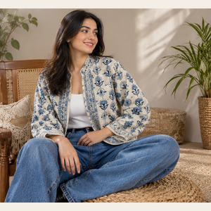 Bohemian Hand Block Printed TNT Jacket <b>Women</b> Indigo <b>Blue</b> Floral Design Cream Base Traditional Indian Ethnic Stylish Casual - Product Image 3