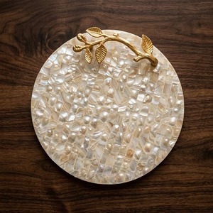 Plateau de service rond en nacre fait main de qualité supérieure avec poignées en laiton, incrustation décorative de coquillages, plateau de luxe - Product Image 5