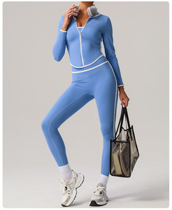 Ensemble de yoga uni pour femme, veste noire à manches longues avec fermeture éclair, crop top, leggings taille haute, en Spandex et Polyester, séchage rapide, bordures contrastées - Product Image 4