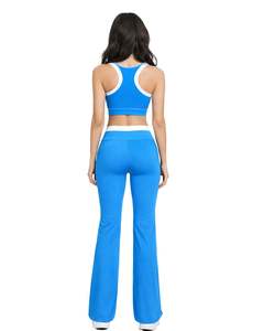 Custom Women <b>Blue</b> White Contrast Sports Bra And Flare Pants Set High Waist Stretch Yoga Fitness Gym Wear Custom OEM Wholesale - Product Image 2