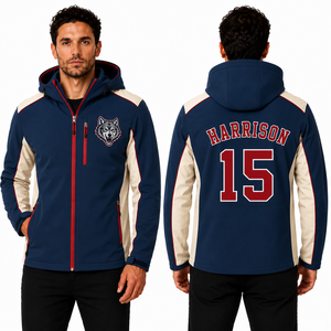 Chaqueta con Capucha Personalizada para Equipos, con Bordado Frontal de la Mascota y Nombre y Número del Jugador en la Espalda, Softshell, Venta al Por Mayor, OEM, para Clubes y Equipos de Entrenamiento - Product Image 2