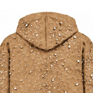 Sweat-shirt à capuche personnalisé marron camel avec fermeture éclair, orné de perles, style streetwear décontracté, manches longues - Product Image 4