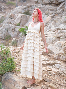 Vestido Maxi Halter Bohemio con Volantes de Algodón Blanco en Capas, Ligero y Transpirable, de Gran Venta 2026 - Product Image 3