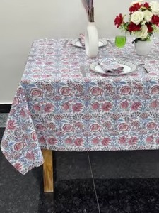 Indian Block Print Handmade Dining <b>Tablecloth</b> White Pink Flower Design Custom Size Cloth for Home Decor Farmhouse Style - Product Image 3