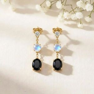 <b>Rainbow</b> Moonstone and Black Obsidian Dangle <b>Drop</b> Earrings with CZ Accent Elegant Round Gemstone Earrings in 925 Sterling Silver - Product Image 2