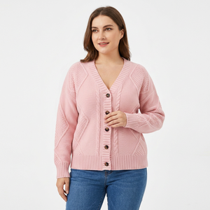 Cárdigan de punto rosa con cuello en V para mujer, manga larga, cierre de botones, estilo casual para otoño, 100% acrílico, grosor estándar, Bangladesh Front - Product Image 1