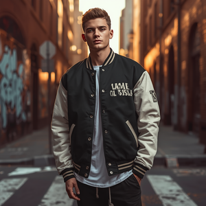 Coated Waterproof Varsity Stand Collar Zipper Front Jacket Casual Letterman Style Outerwear Fashion Streetwear Men OEM Wholesale - Product Image 2