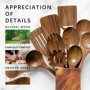Cuillères en bois pour la cuisine, ensemble d'ustensiles de cuisine antiadhésifs avec 10 spatules et cuillères en bois d'acacia pour la cuisine - Product Image 6