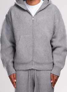 เสื้อฮู้ดมีซิปผ้าผสมขนแพะ  โลโก้สั่งทำได้ เสื้อฮู้ดซิปยาวผ้าขนแพะ  เสื้อสเวตเตอร์ถักทรงโอเวอร์ไซส์ เสื้อฮู้ดขนแพะผู้ชาย เสื้อแจ็คเก็ตผู้ชาย - Product Image 5