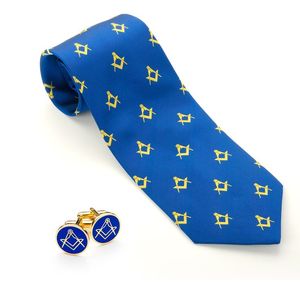 Corbata de Seda Azul de Inspiración Masónica con Patrón de Compás y Escuadra Dorados, Corbata Clásica Formal para Hombre, para Negocios, Bodas y Fiestas - Product Image 1