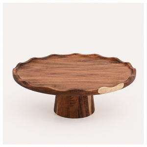 Natural Wood Scalloped Edge <b>Cake</b> <b>Stand</b> Handcrafted Round Wooden Pedestal For Weddings Birthdays And Rustic Home Decor Display - Product Image 3