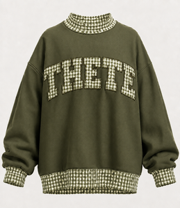 THETE Oversized Women's Crew Neck Sweatshirt With Plaid <b>Letter</b> <b>Applique</b> Design Autumn Casual Knitted Pullover - Product Image 1